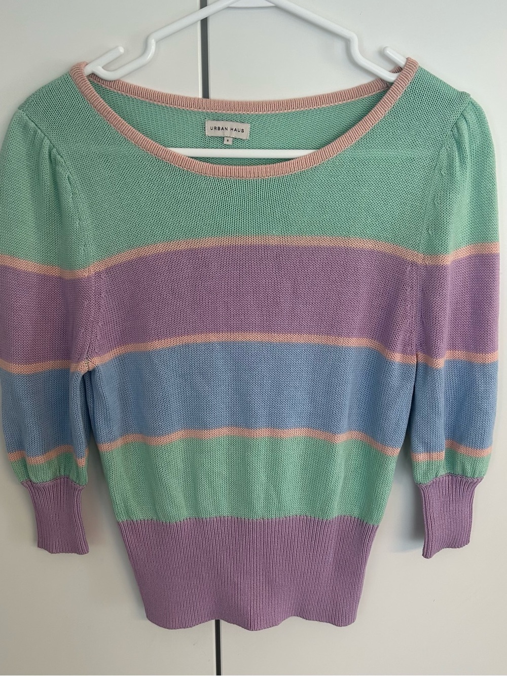 The Urban Haus Women’s Pastel Striped Knit Sweater Top Puff Sleeve- Size S - Picture 2 of 11